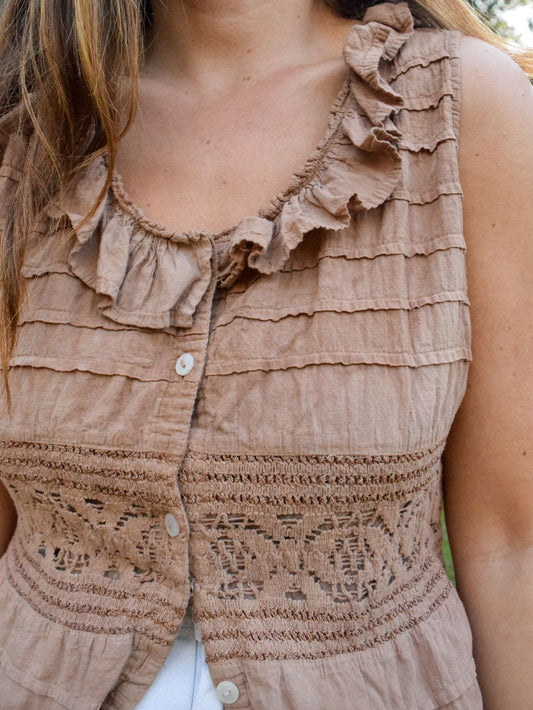 Cutch & Lac Embroidered Ruffle Tank