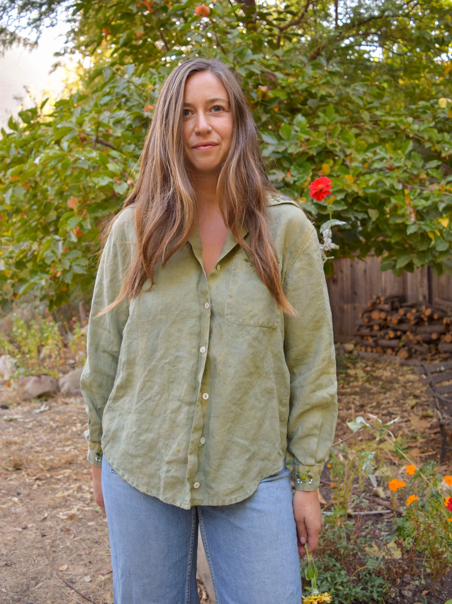 Indigo & Marigold Linen Flower Embroidered Blouse