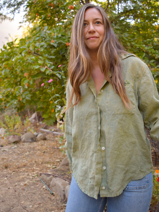 Indigo & Marigold Linen Flower Embroidered Blouse