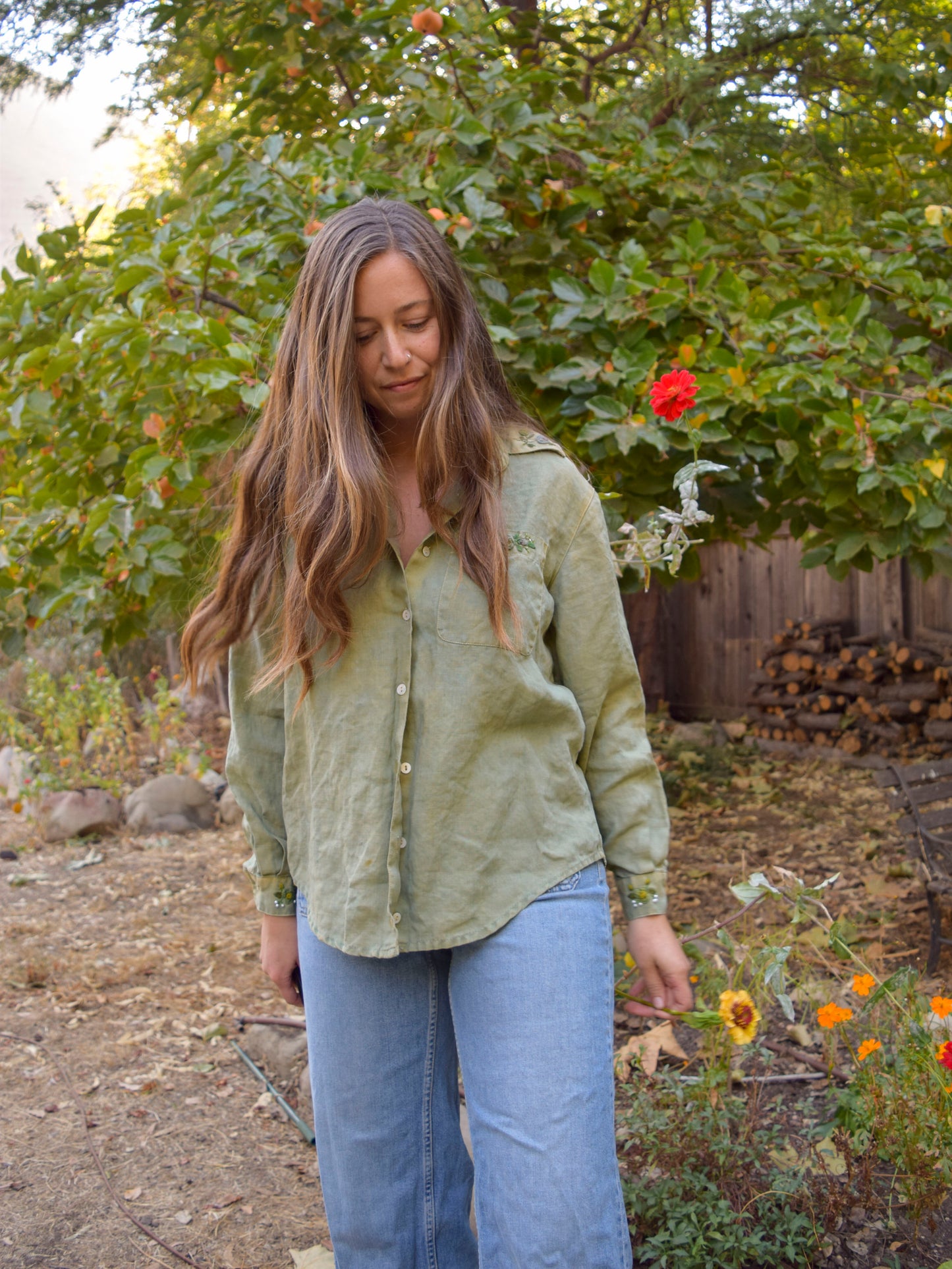 Indigo & Marigold Linen Flower Embroidered Blouse