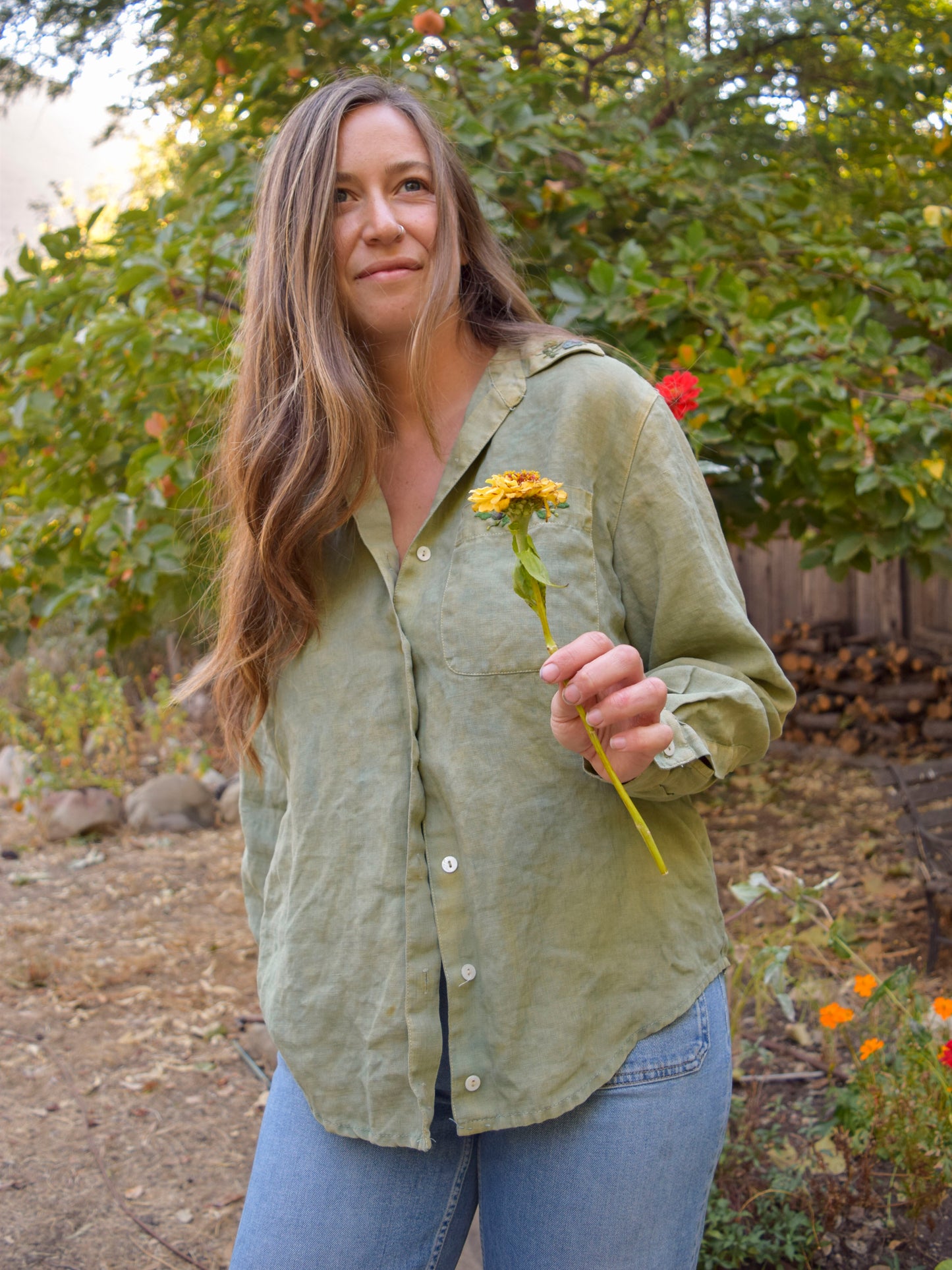 Indigo & Marigold Linen Flower Embroidered Blouse