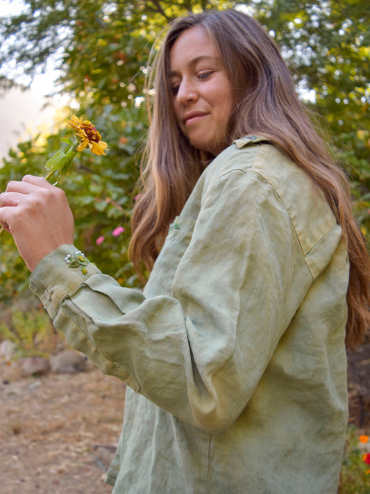 Indigo & Marigold Linen Flower Embroidered Blouse