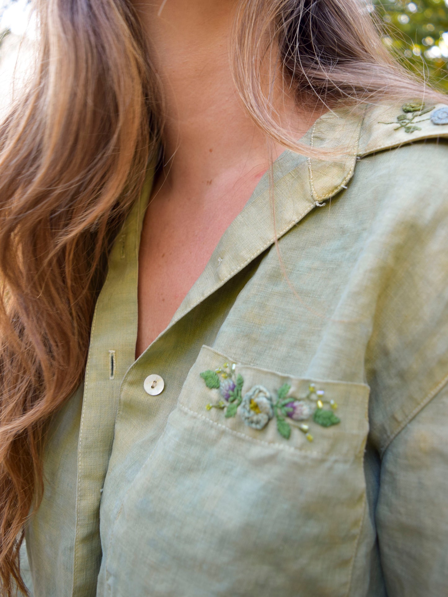 Indigo & Marigold Linen Flower Embroidered Blouse