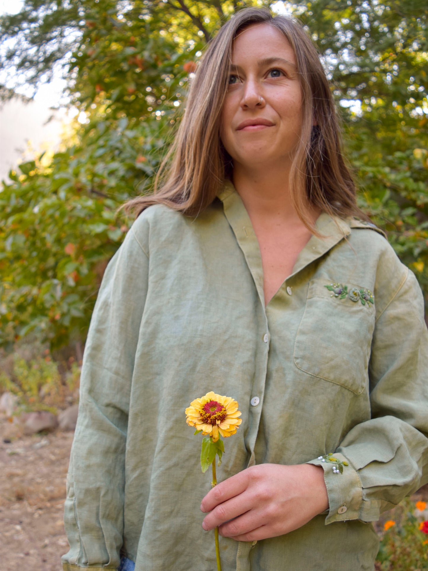 Indigo & Marigold Linen Flower Embroidered Blouse