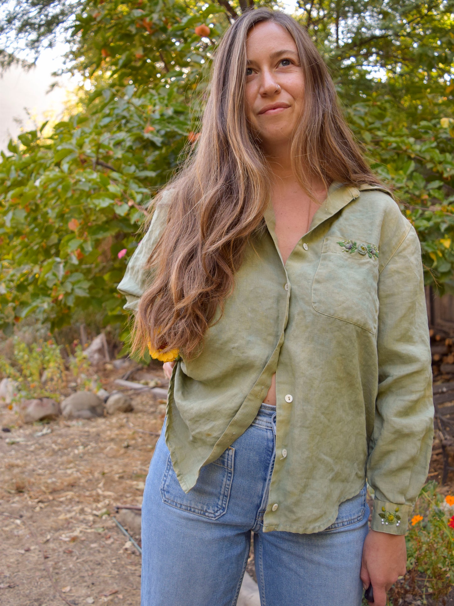 Indigo & Marigold Linen Flower Embroidered Blouse