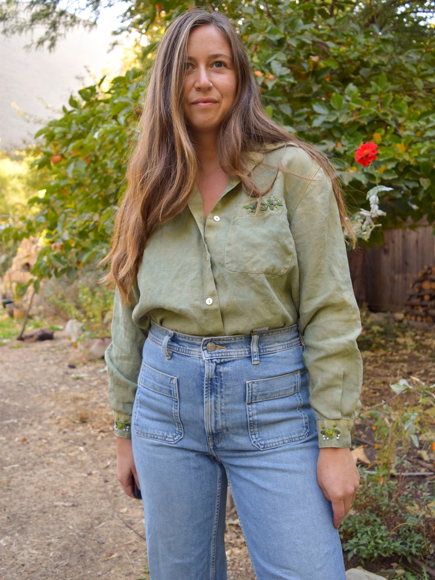 Indigo & Marigold Linen Flower Embroidered Blouse