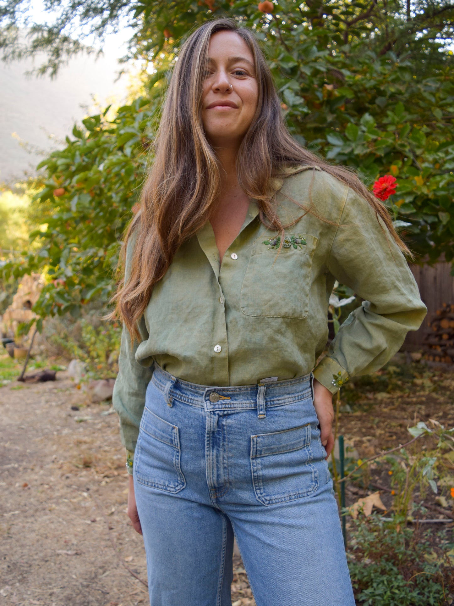 Indigo & Marigold Linen Flower Embroidered Blouse