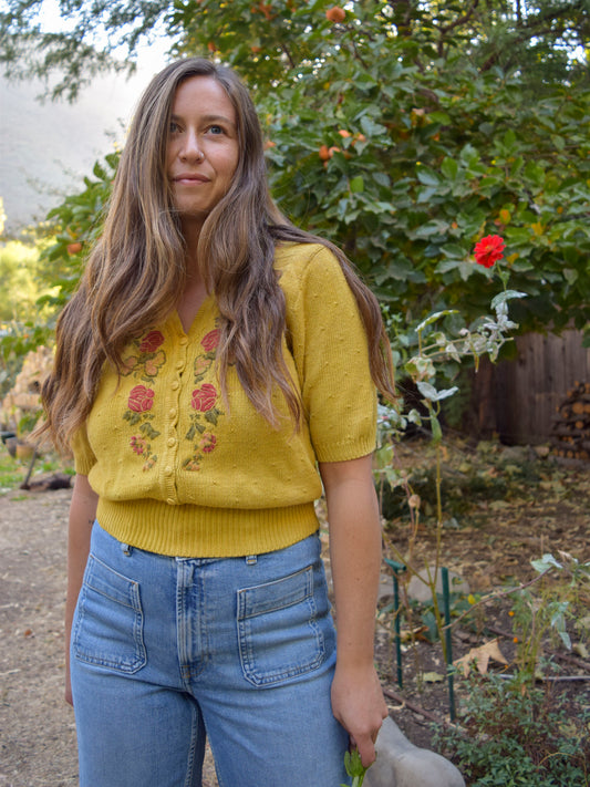 Marigold Flower Embroidered Cotton Sweater