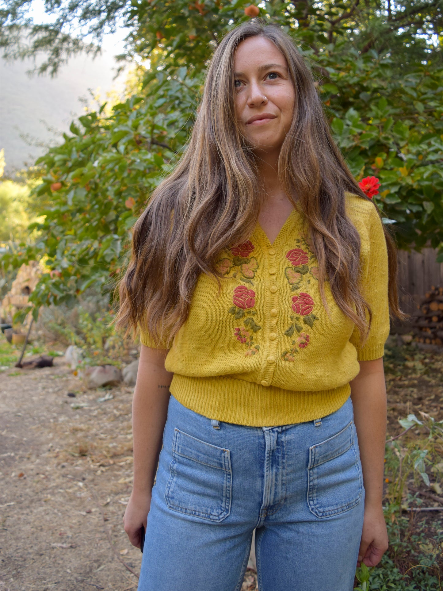 Marigold Flower Embroidered Cotton Sweater