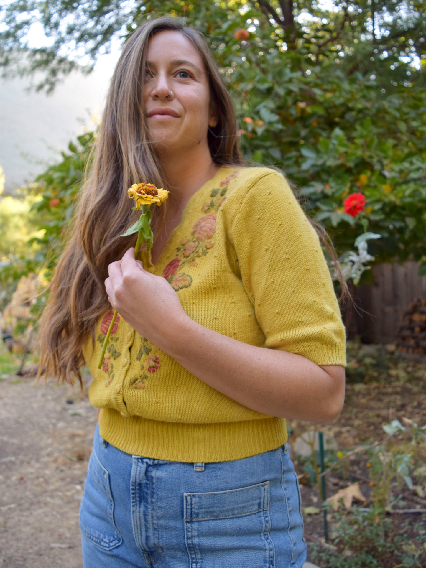 Marigold Flower Embroidered Cotton Sweater