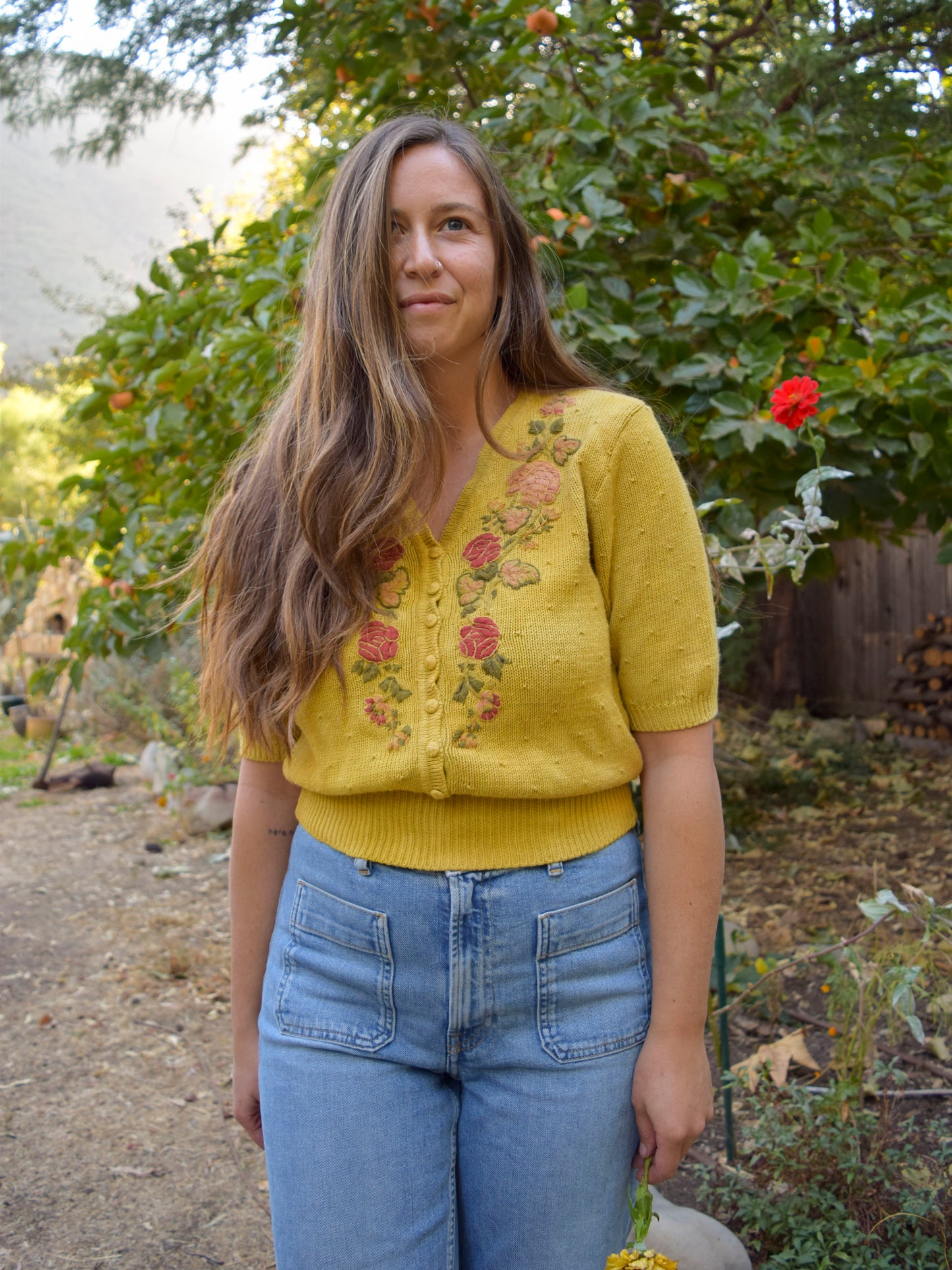 Marigold Flower Embroidered Cotton Sweater