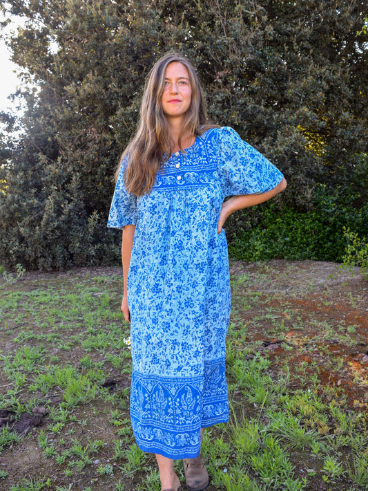 Indigo Floral Bib Yoke Dress