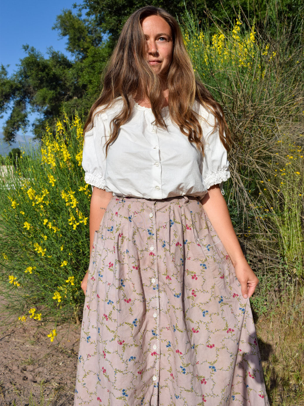 Logwood & Cutch Floral Skirt with Patch Pockets