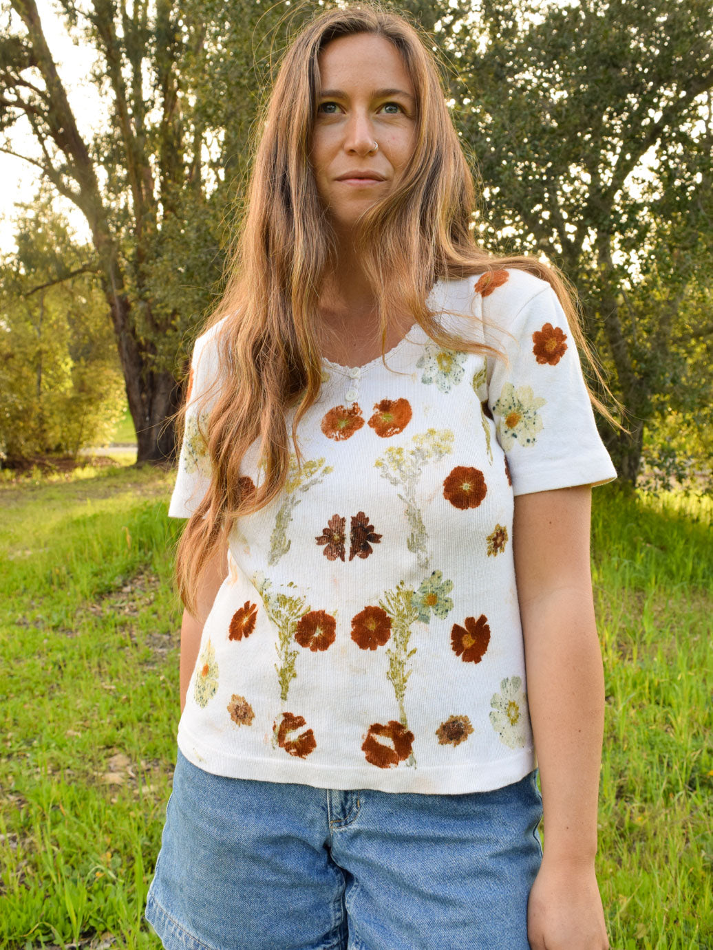 Eco-printed White Rib Tee Shirt