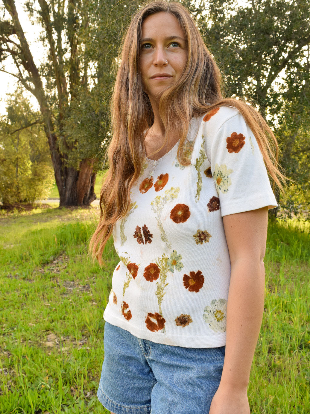 Eco-printed White Rib Tee Shirt