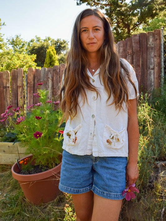Flower Hammered Cotton/Linen Blouse