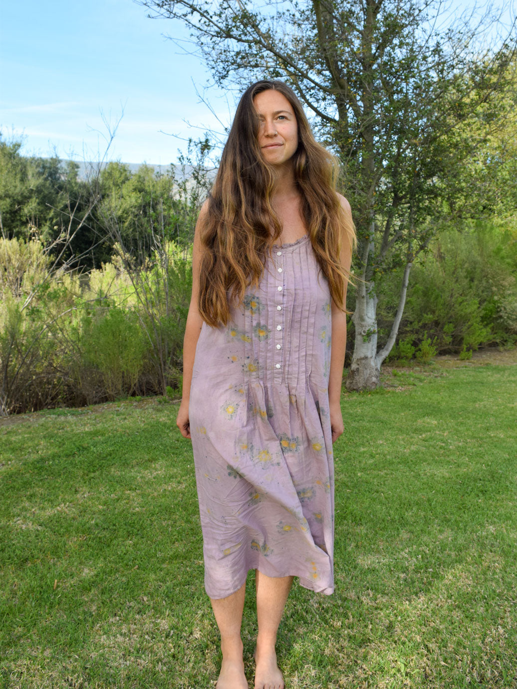 Logwood Pleated Dress with Eco-printed Cosmos