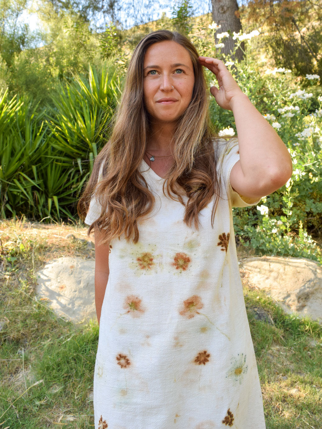 Eco-printed V-neck Cotton Dress