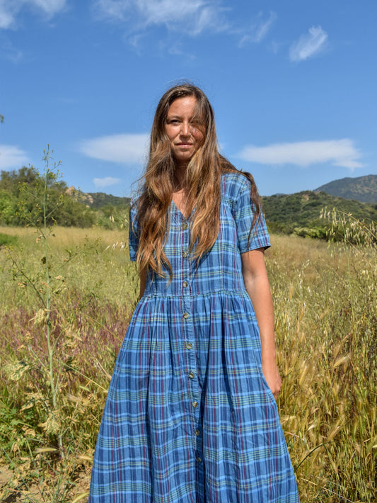 Indigo Plaid Farmer's Dress