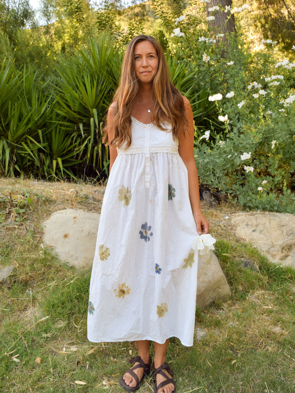 Flower Hammered Embroidered Yoke Summer Dress