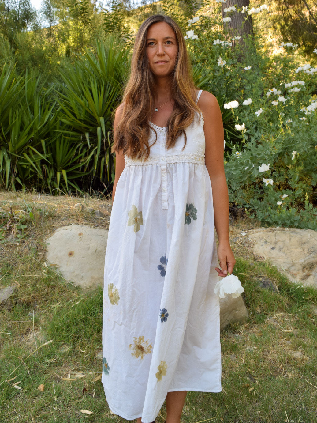 Flower Hammered Embroidered Yoke Summer Dress