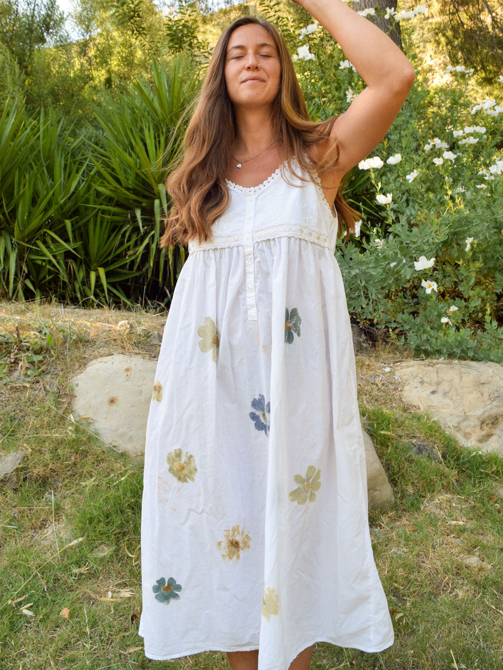 Flower Hammered Embroidered Yoke Summer Dress