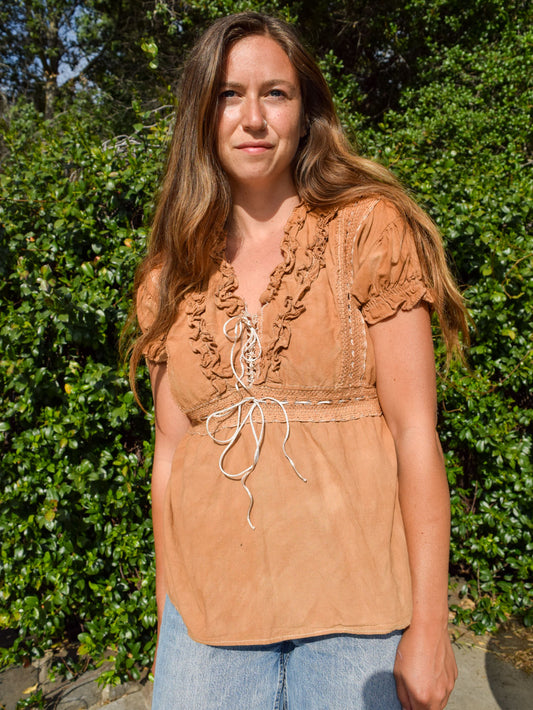 Cutch Crochet Ruffle Tie Back Blouse