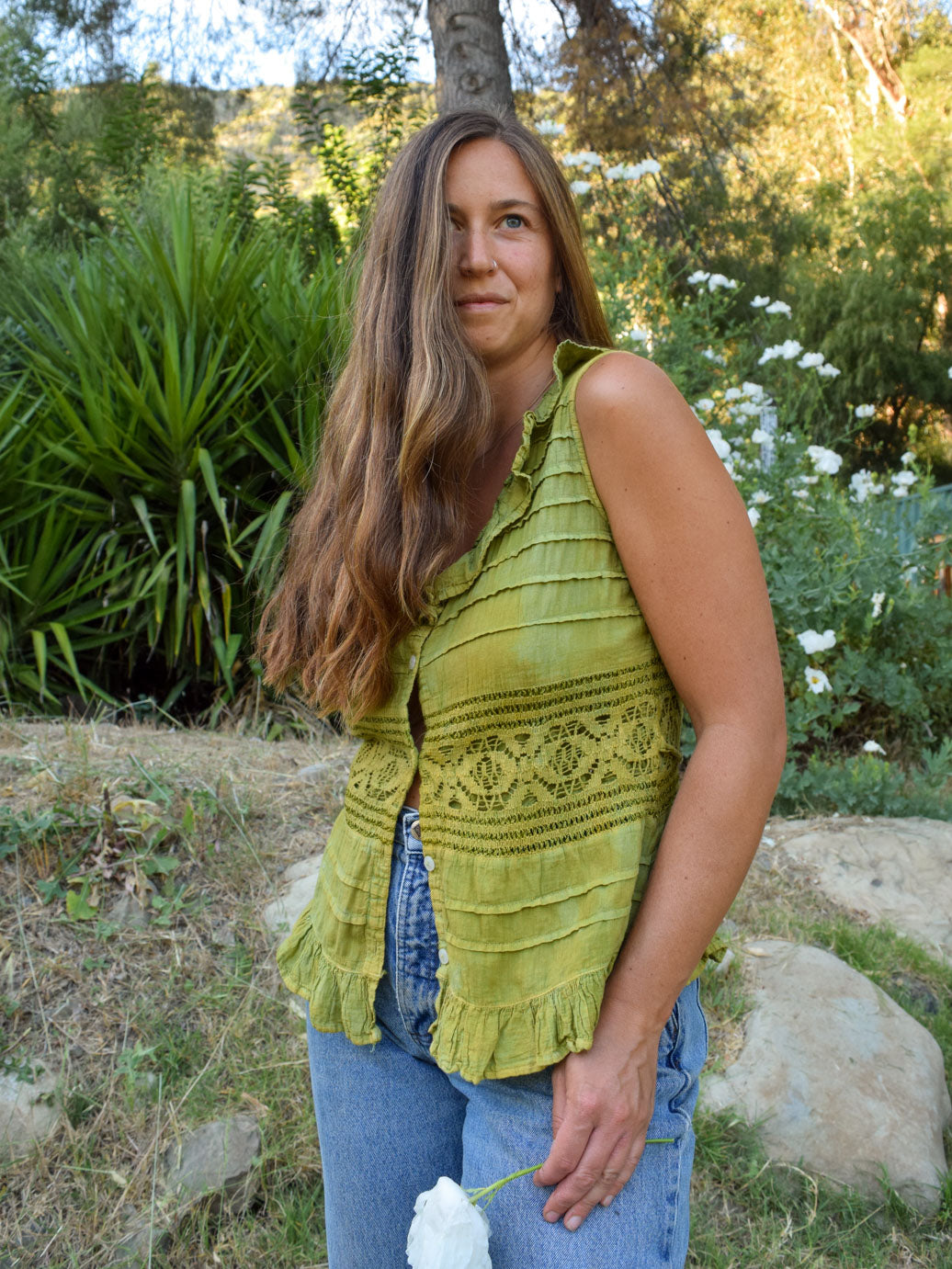 Indigo & Marigold Ruffle Crochet Blouse