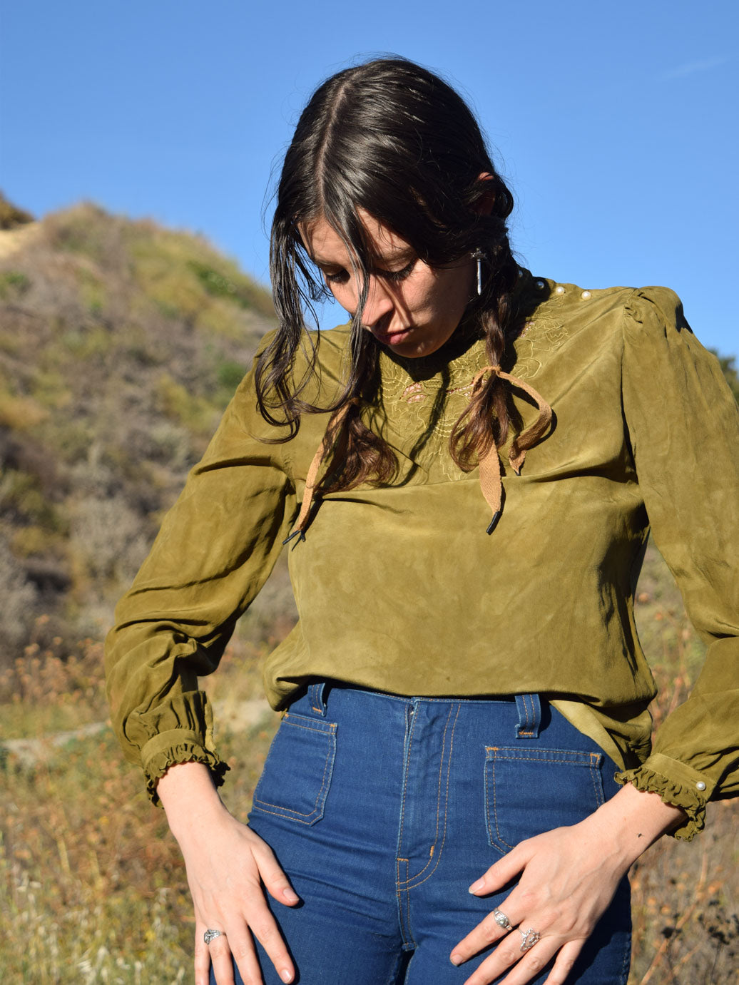 Marigold & Iron Silk Embroidered/Ruffled Blouse