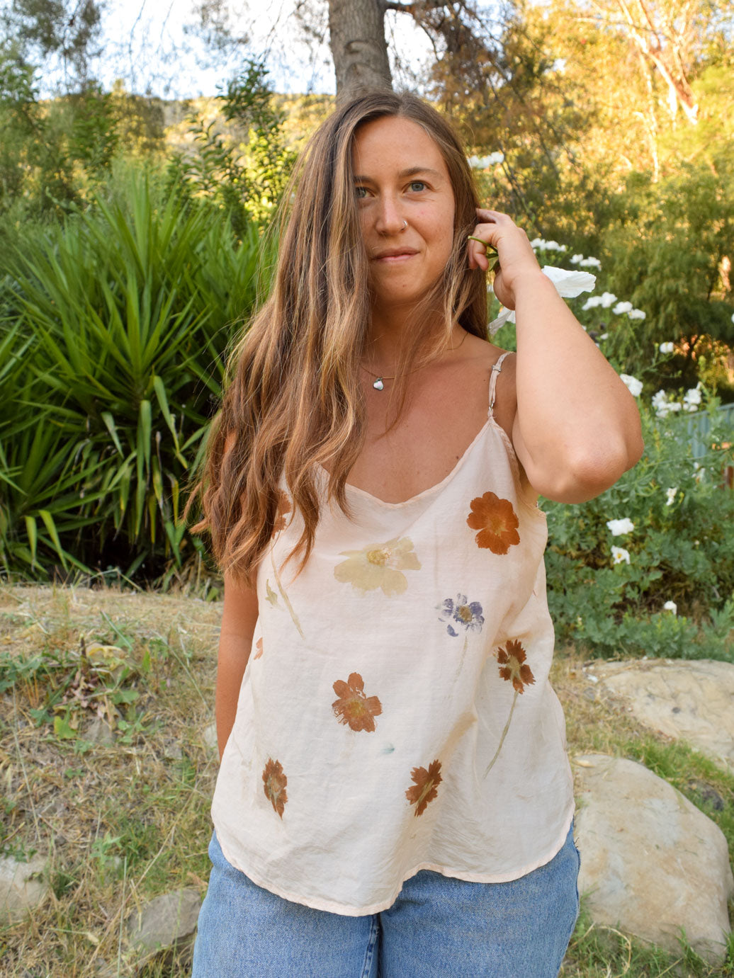 Flower Hammered Cotton/Silk Tank