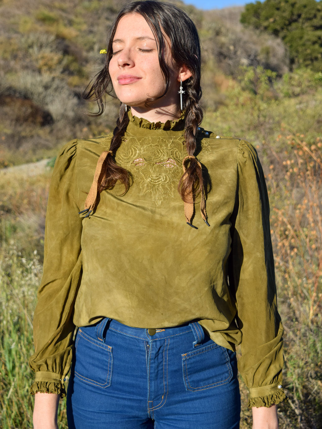 Marigold & Iron Silk Embroidered/Ruffled Blouse