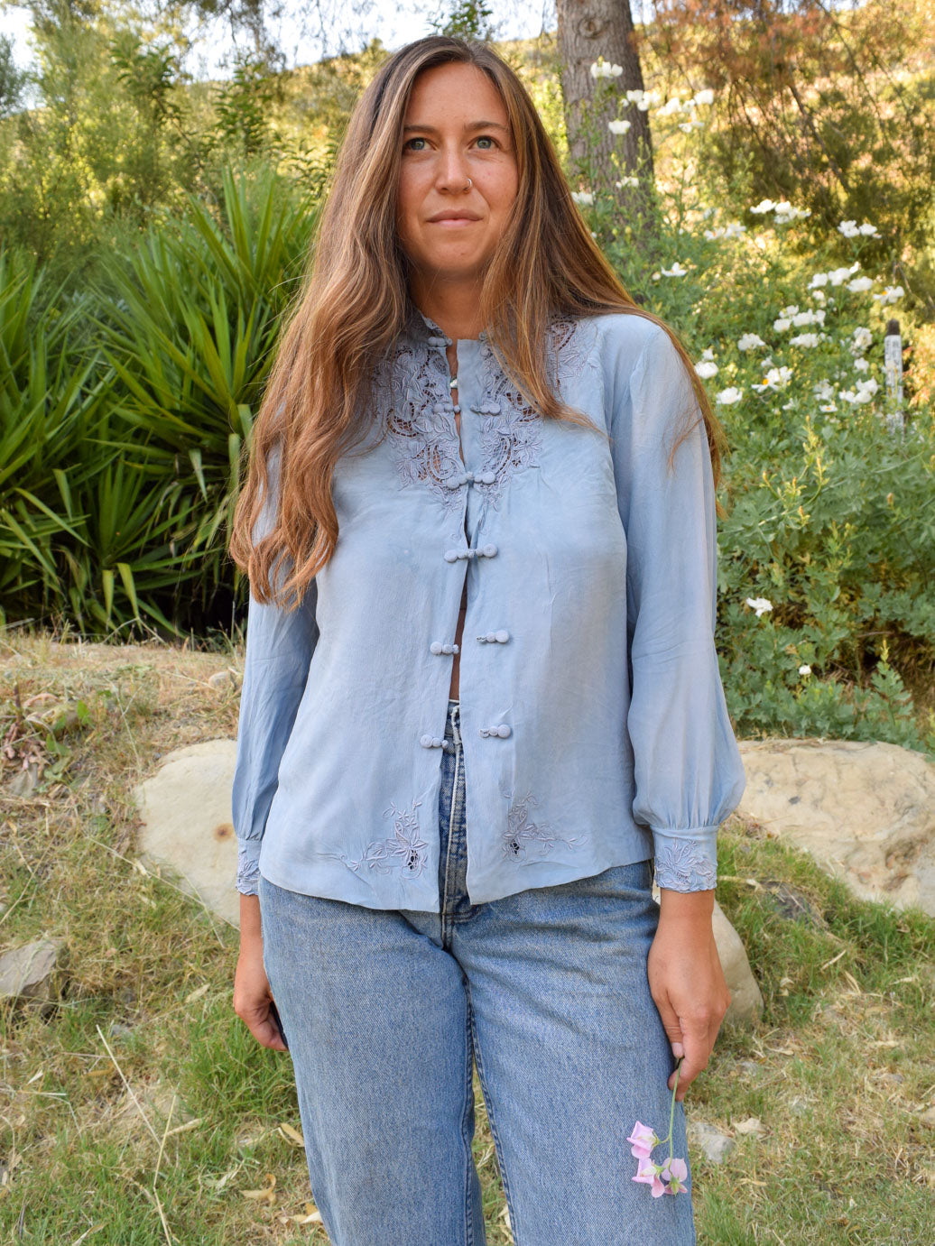 Indigo Silk Long Sleeve Blouse