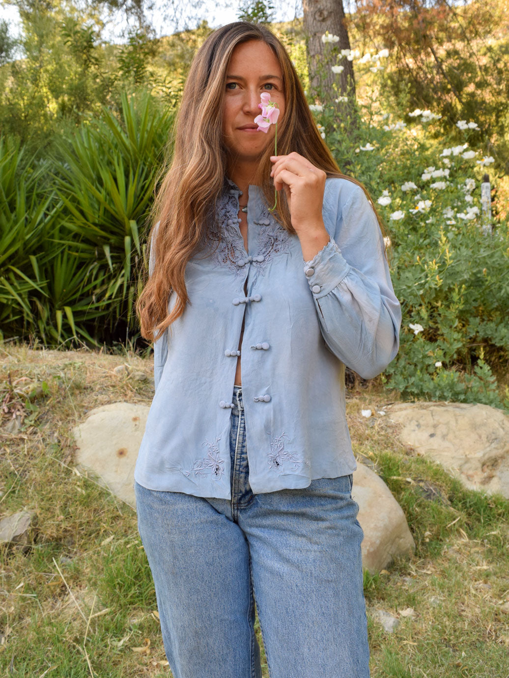 Indigo Silk Long Sleeve Blouse