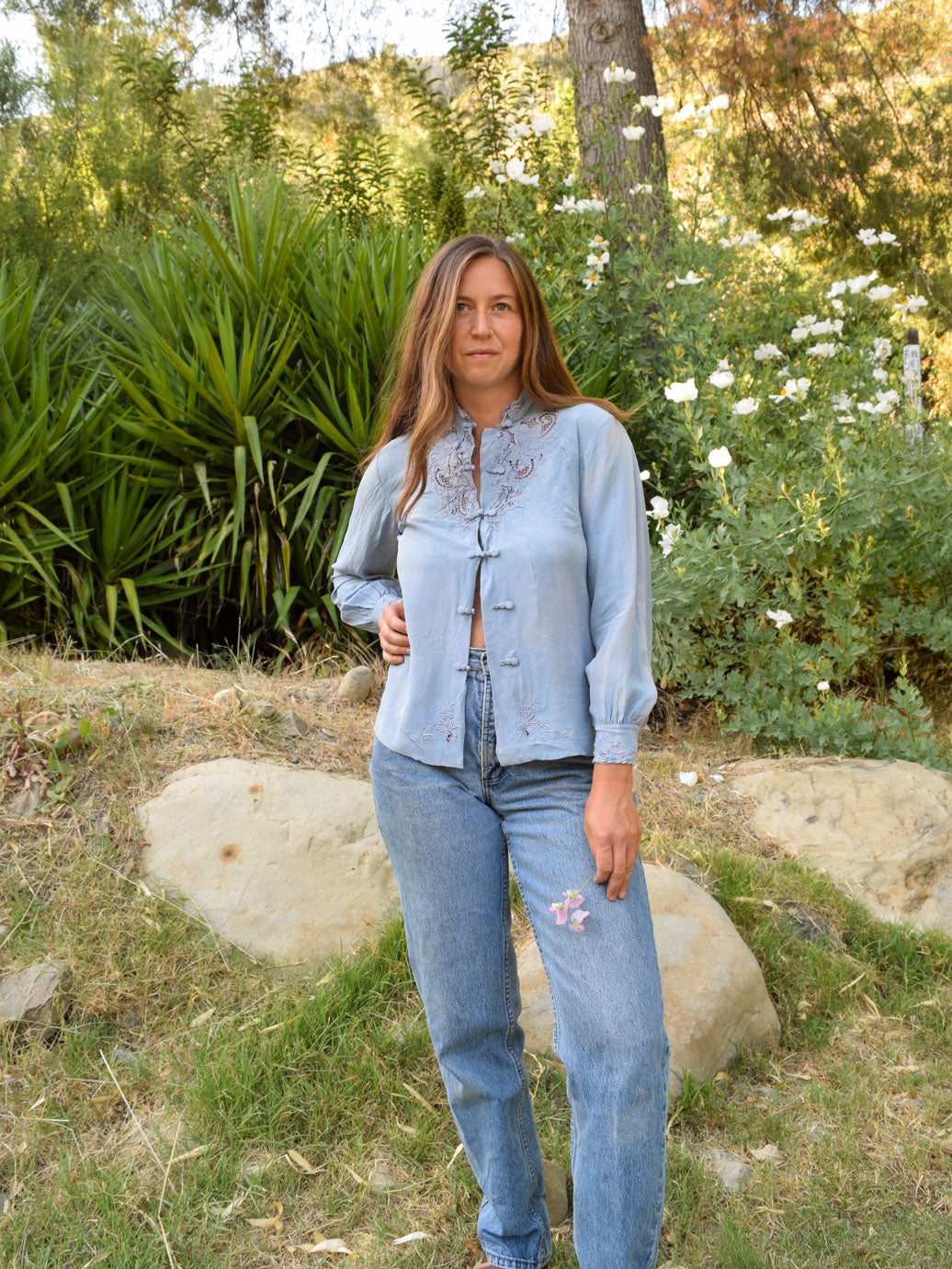 Indigo Silk Long Sleeve Blouse