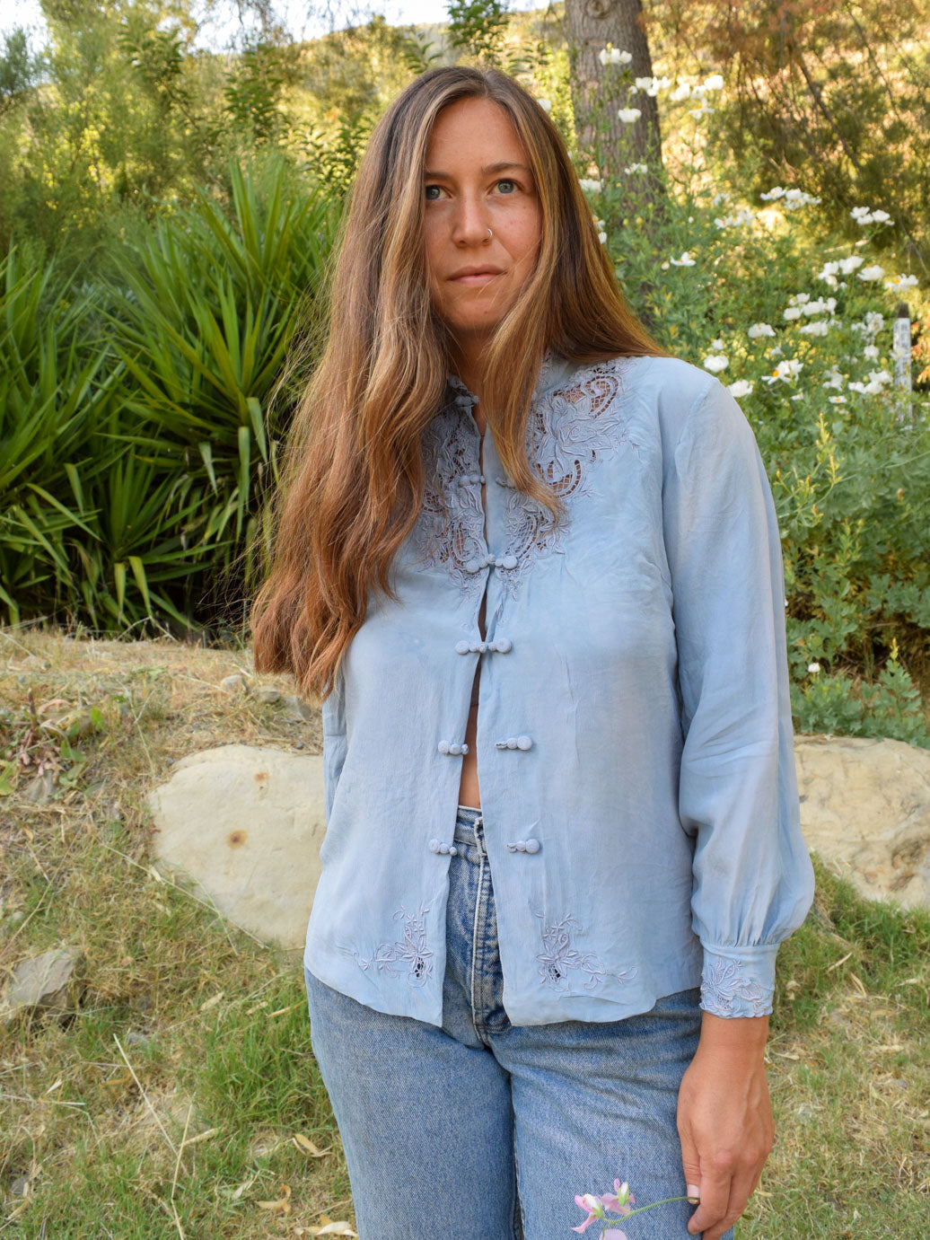 Indigo Silk Long Sleeve Blouse