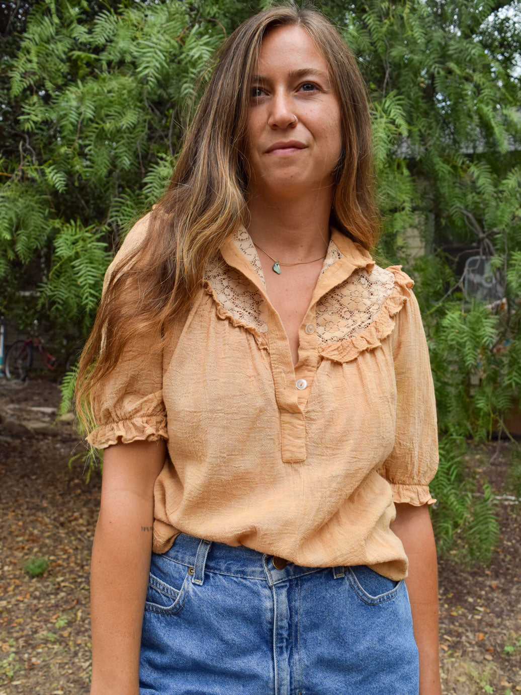 California Buckwheat Lace Ruffle Gauze Blouse