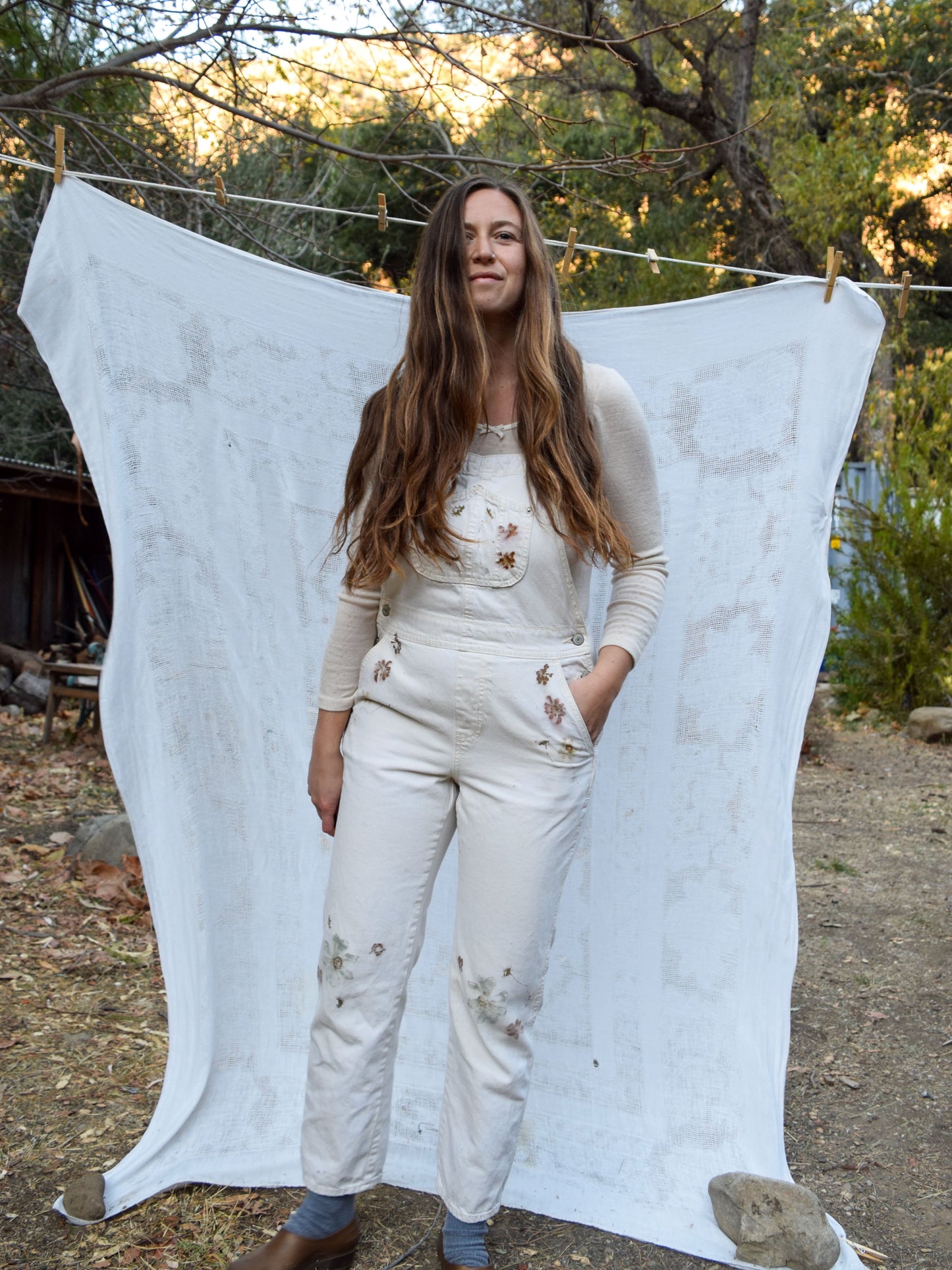 Eco-printed White Denim Overalls