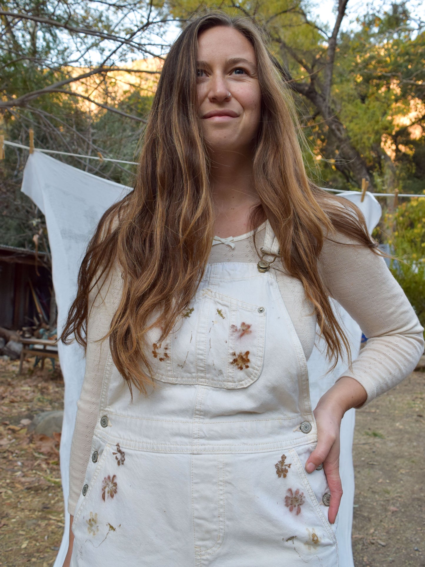 Eco-printed White Denim Overalls