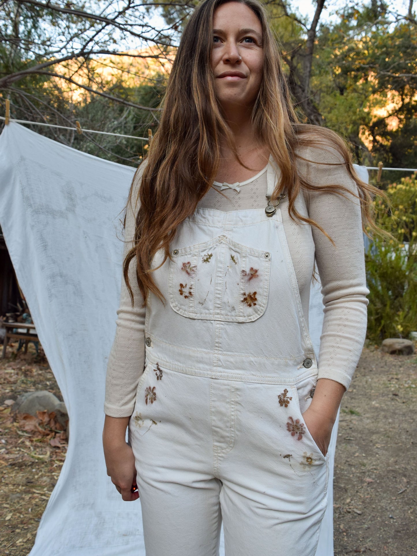 Eco-printed White Denim Overalls