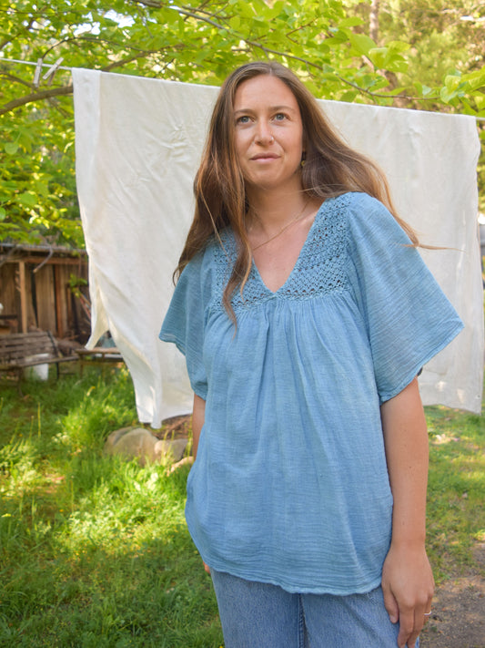 Indigo Gauze Crochet Yoke Blouse