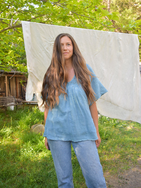 Indigo Gauze Crochet Yoke Blouse