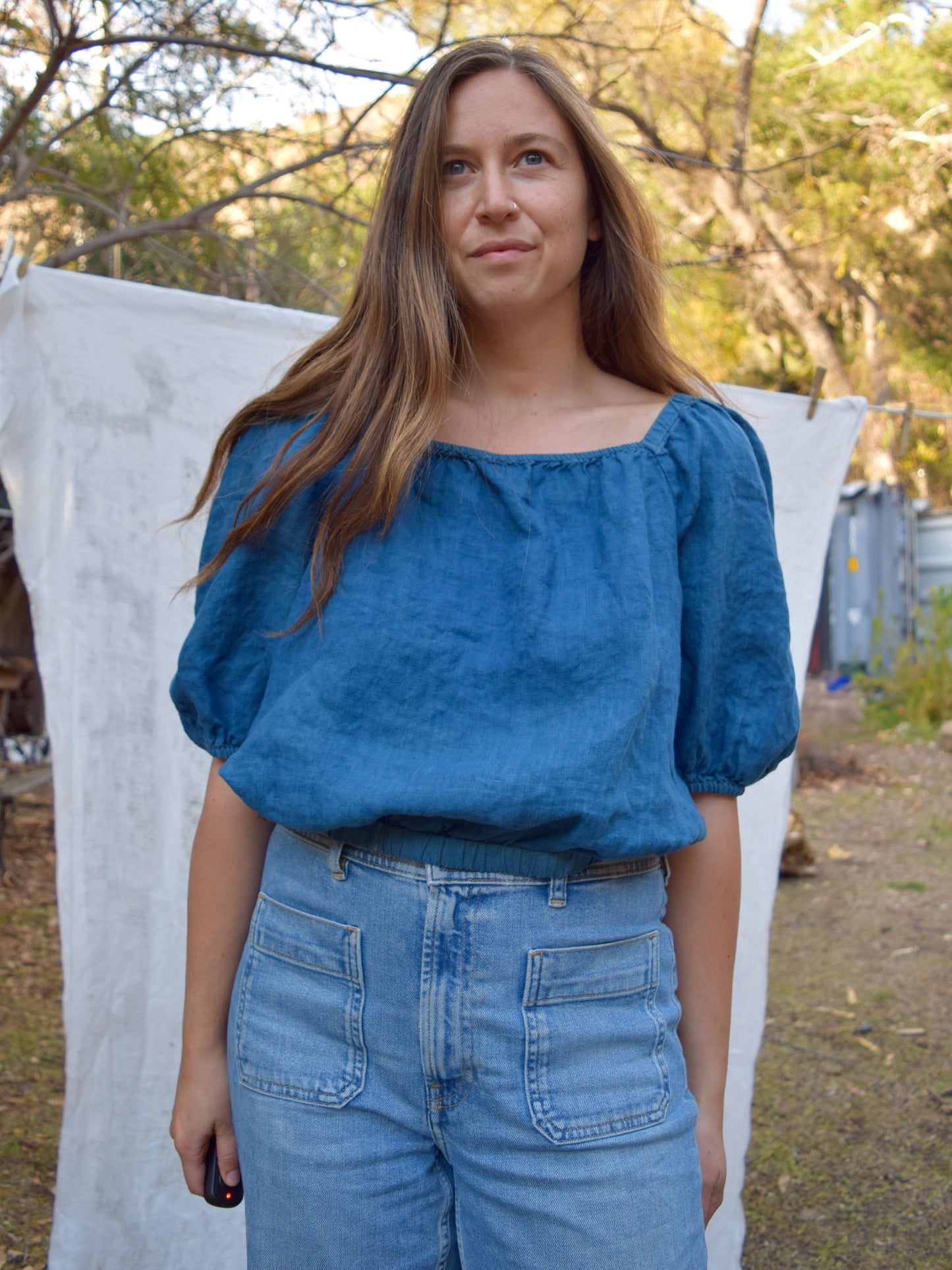 Indigo Linen Puff Sleeve Blouse