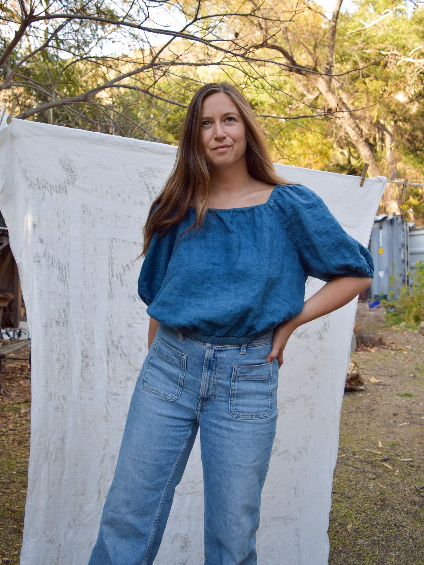 Indigo Linen Puff Sleeve Blouse