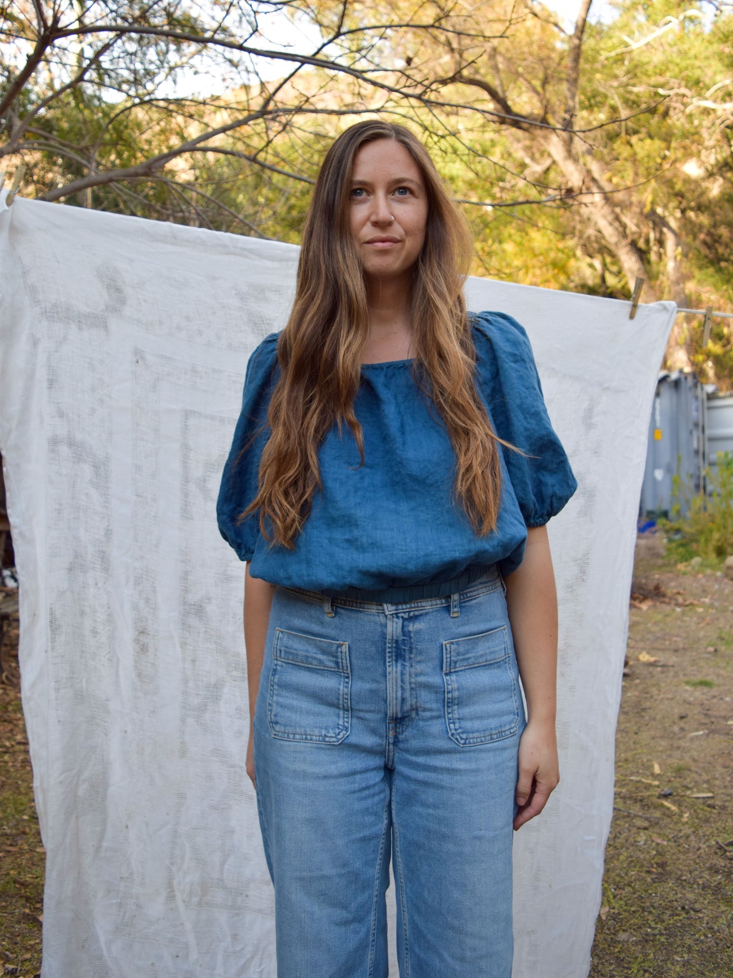 Indigo Linen Puff Sleeve Blouse