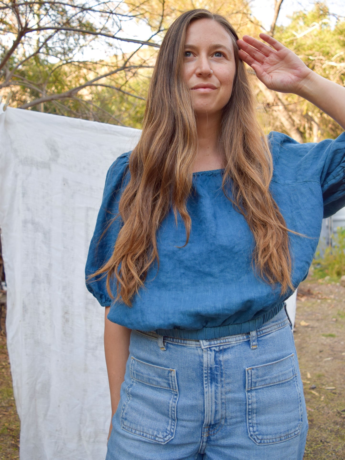 Indigo Linen Puff Sleeve Blouse