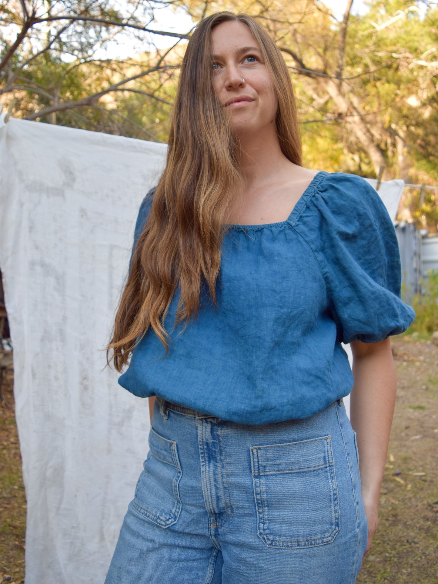 Indigo Linen Puff Sleeve Blouse