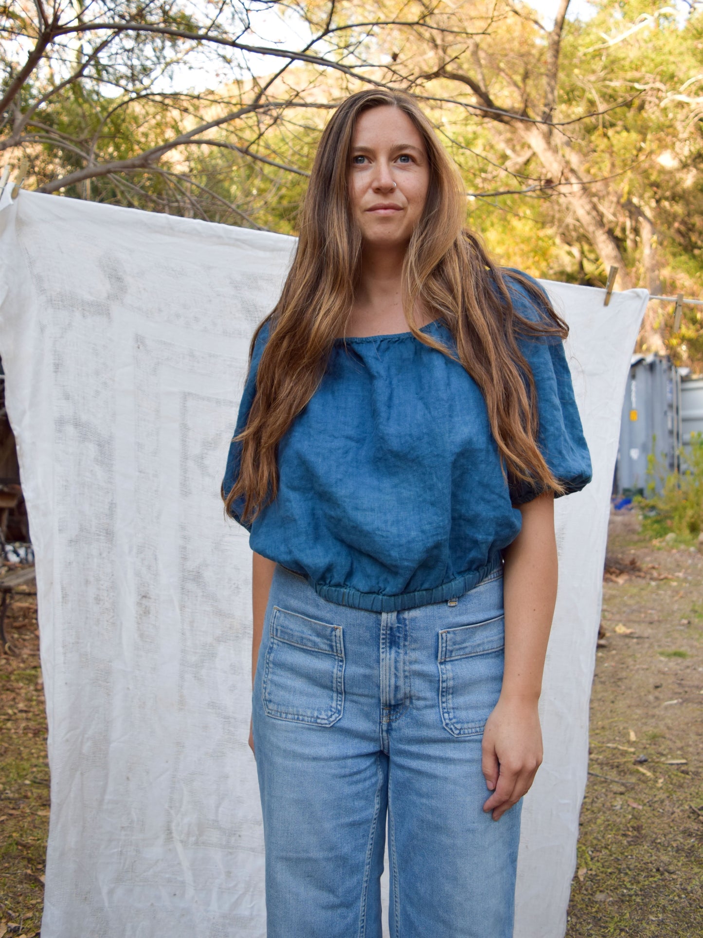 Indigo Linen Puff Sleeve Blouse