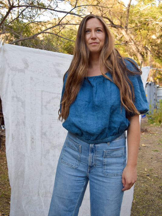 Indigo Linen Puff Sleeve Blouse