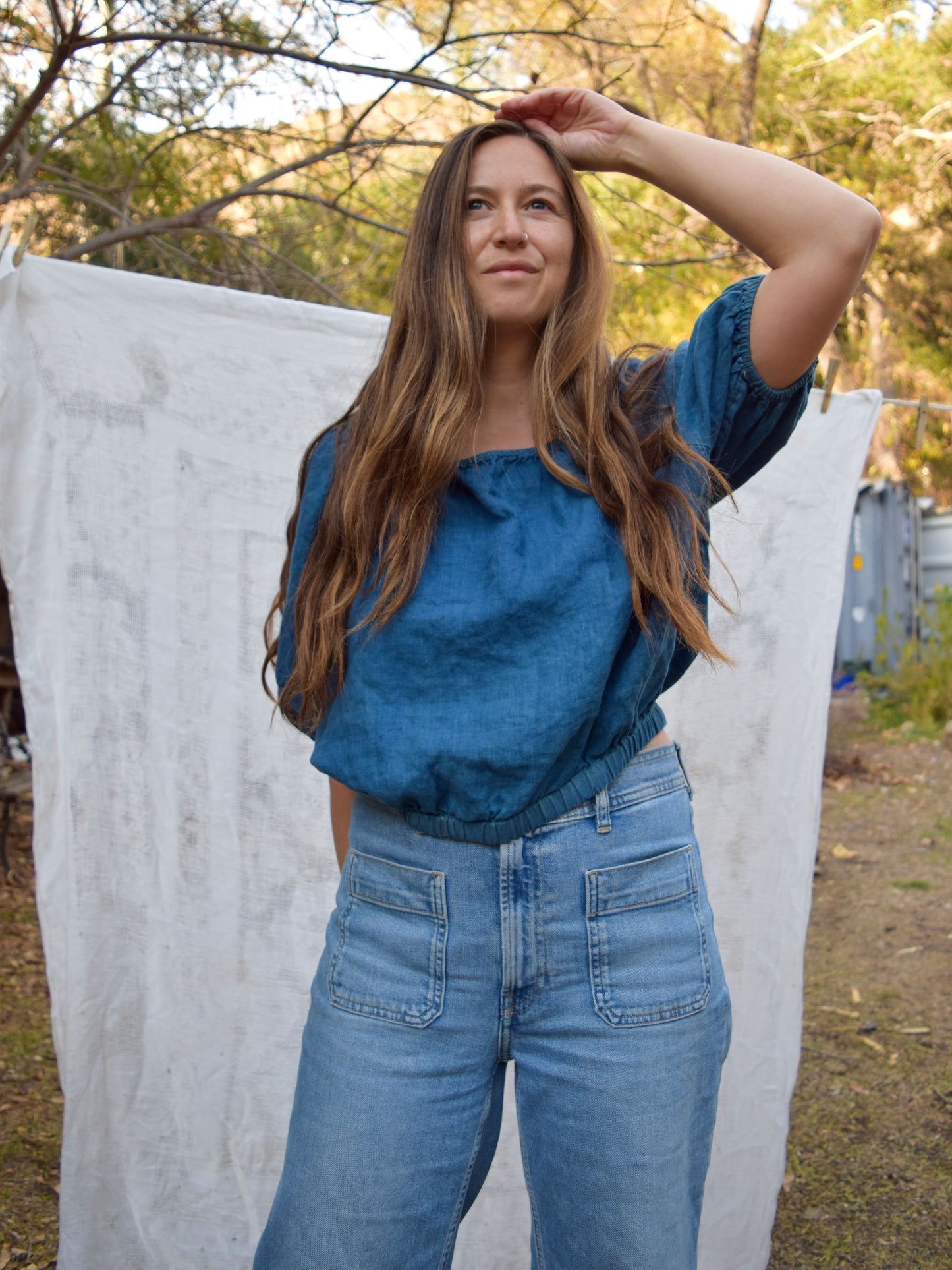 Indigo Linen Puff Sleeve Blouse