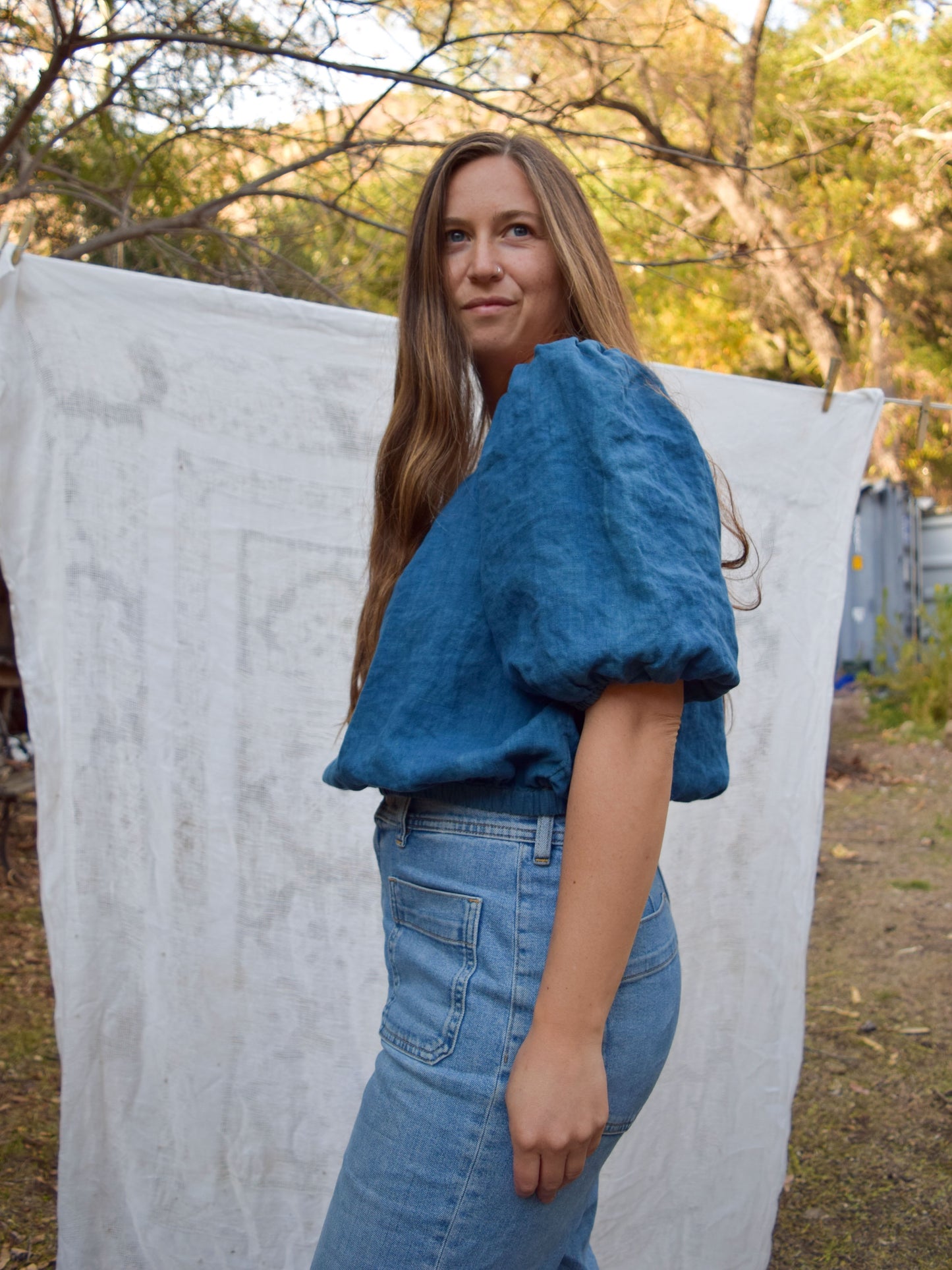 Indigo Linen Puff Sleeve Blouse